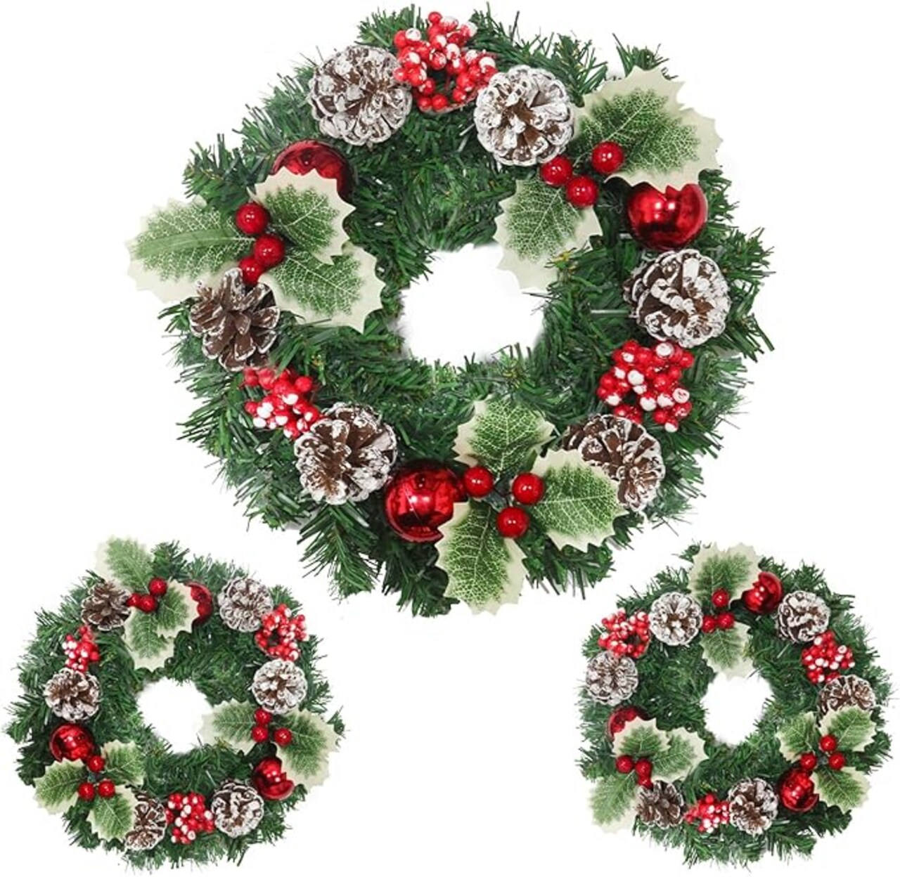 3 Pcs 9.5 Inch Small Christmas Wreath Mini Christmas Door Wreath with Ball Frosted Pinecone Berried Holly Christmas Decorations for Indoor Window Wall Stairs Room Home Office Decor Kitchen